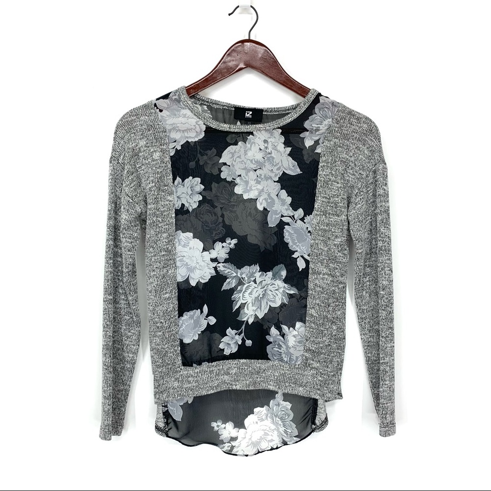 IZ Byer Static Gray Floral Print Sheer Panel High Low Thin Sweater Size XS